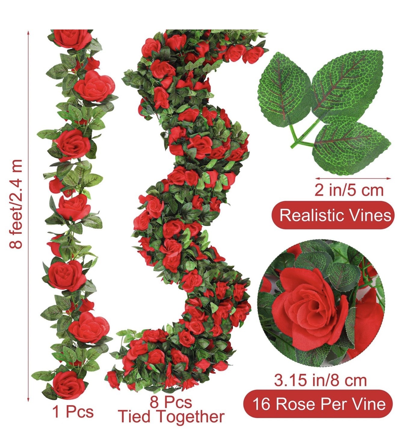 Aneco 8 Pack 64 FT Red Flower Garland Kentucky Artificial Rose Vines Derby Ro…