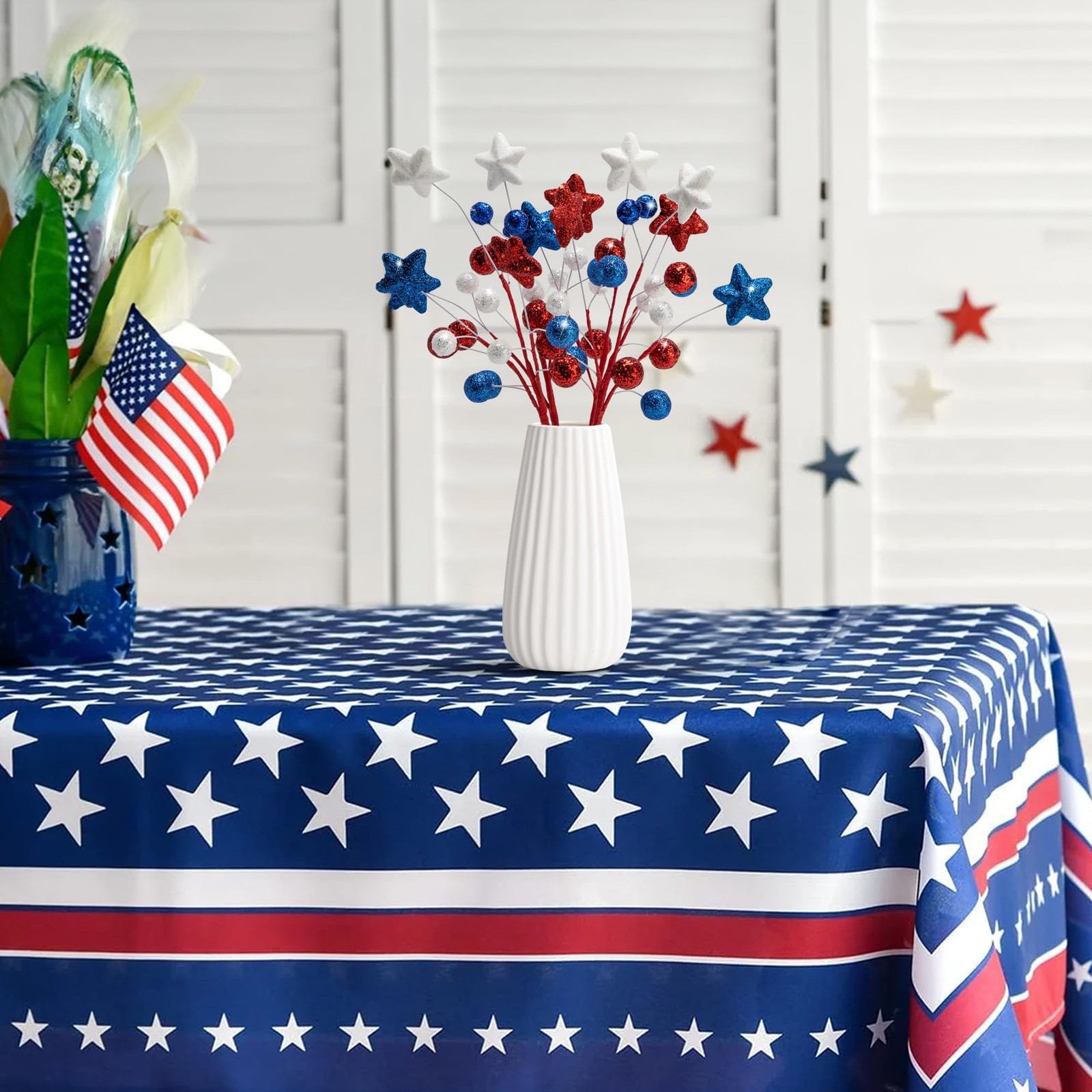 4 Pack 15″ Large Patriotic Glitter Ball Centerpiece Stems, Independence Day A…