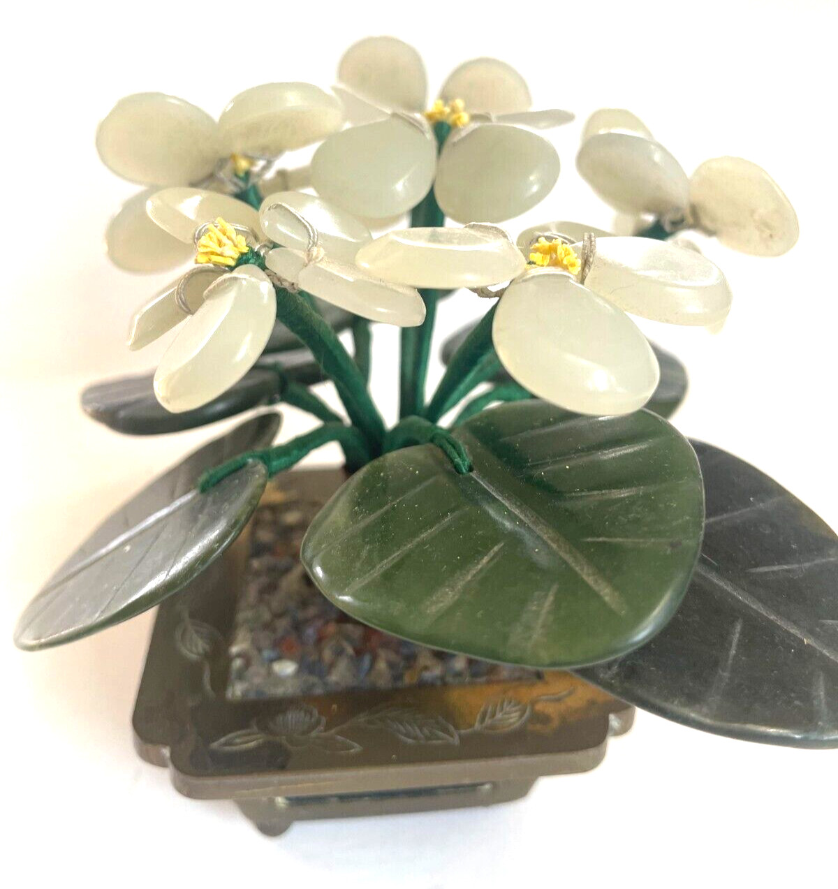 6 Jade Flowers and Petals in Brass Planter 4 “1970s Made in Hong Kong Vintage