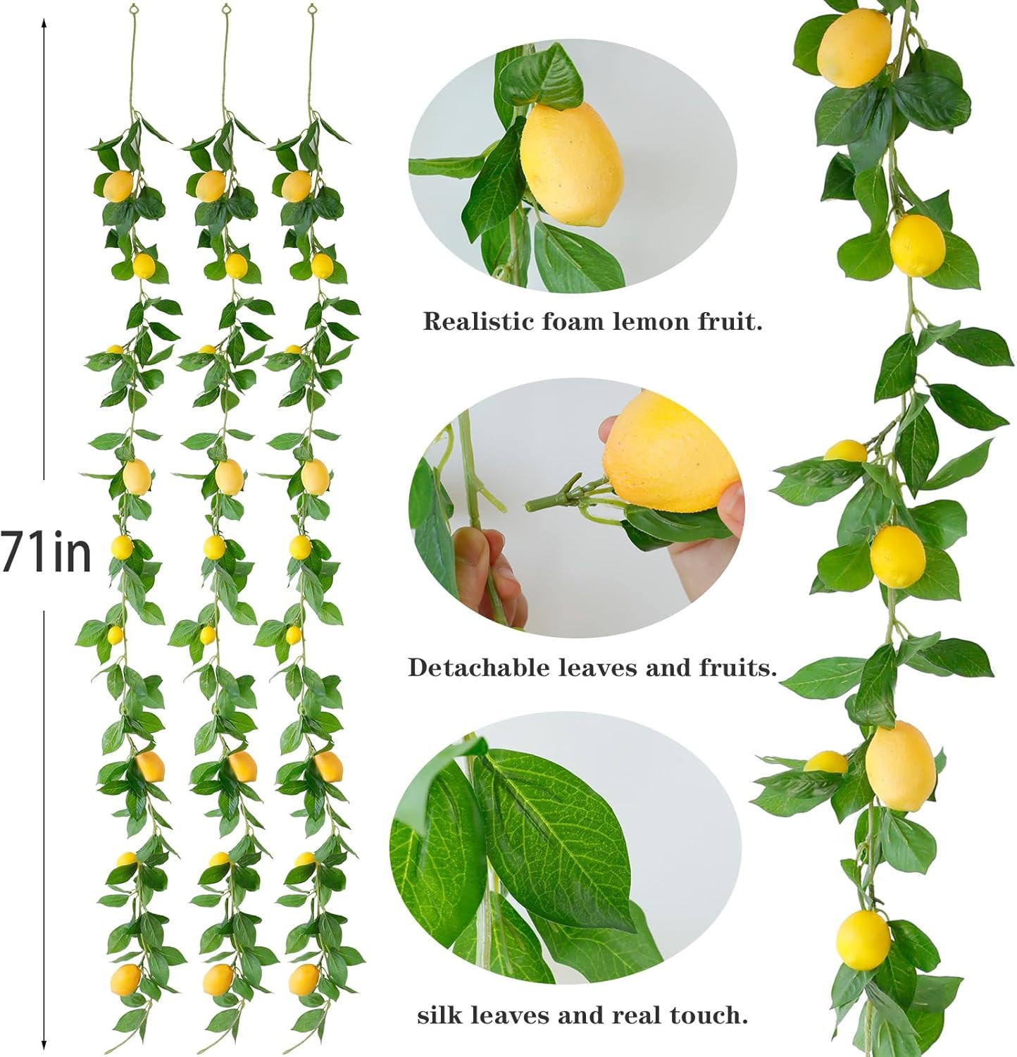 3 Strands Lemon Artificial Vines, 71″ Lemon Silk Vine Garland with Green Leaves,