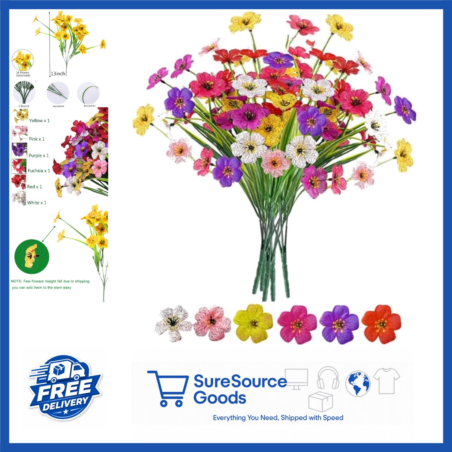 Decorative Fake Flowers, 6 Bundles for Indoor Use, Vibrant Colors, Plastic