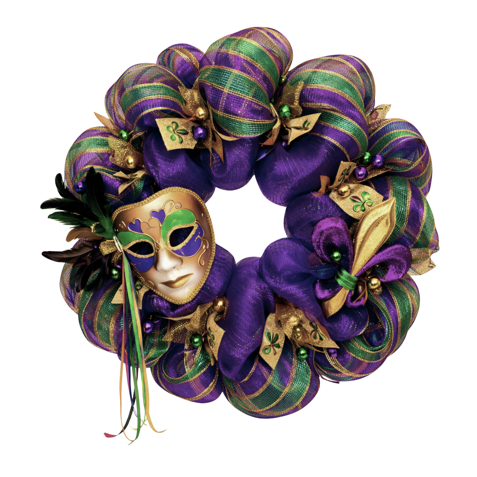 Mardi Gras Wreath Extra Large With Venetian Mask and Fleur De Lis Handmade Deco