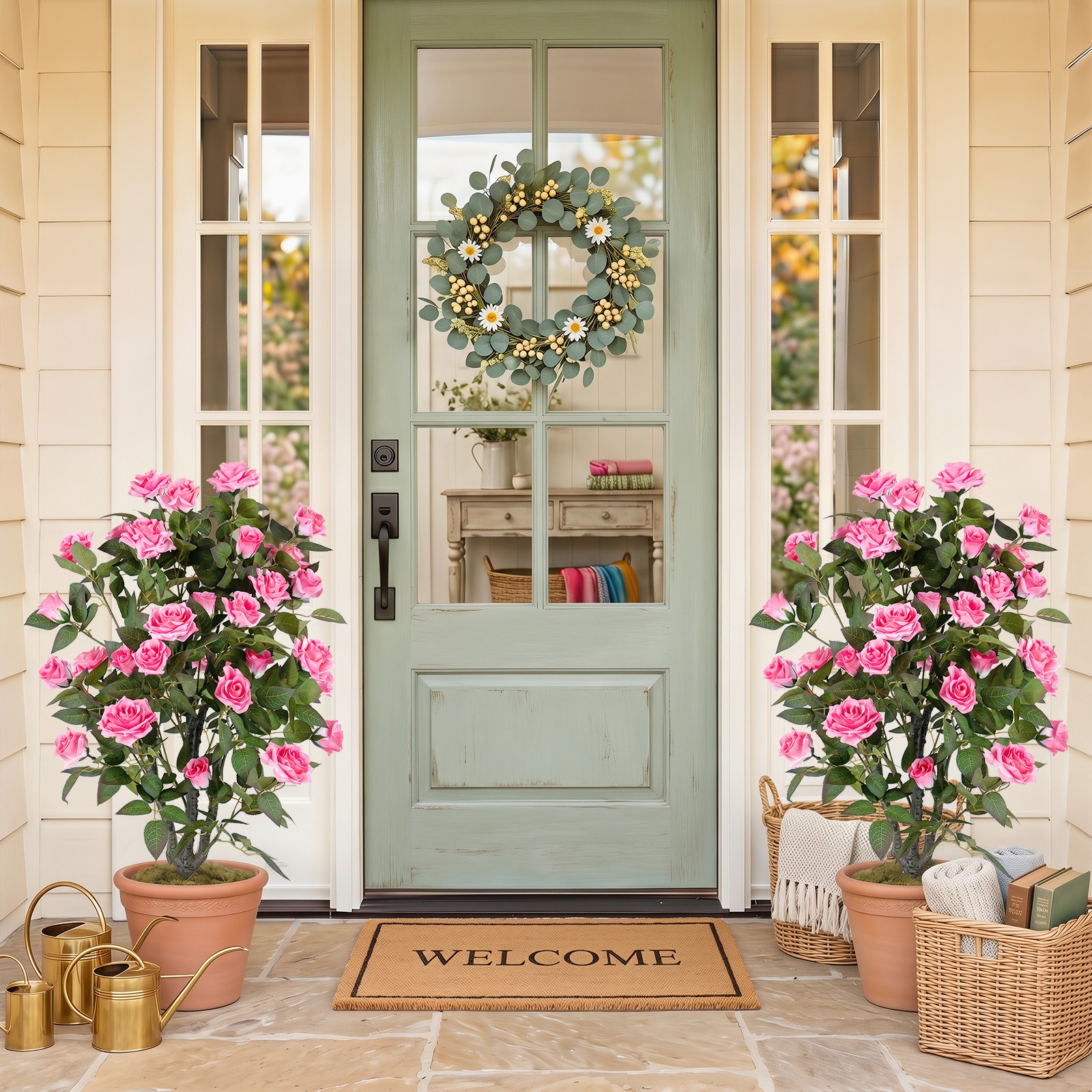 2PCS Artificial Rose Tree w/Blooming Flowers & Green Leaves, Free Maintenance