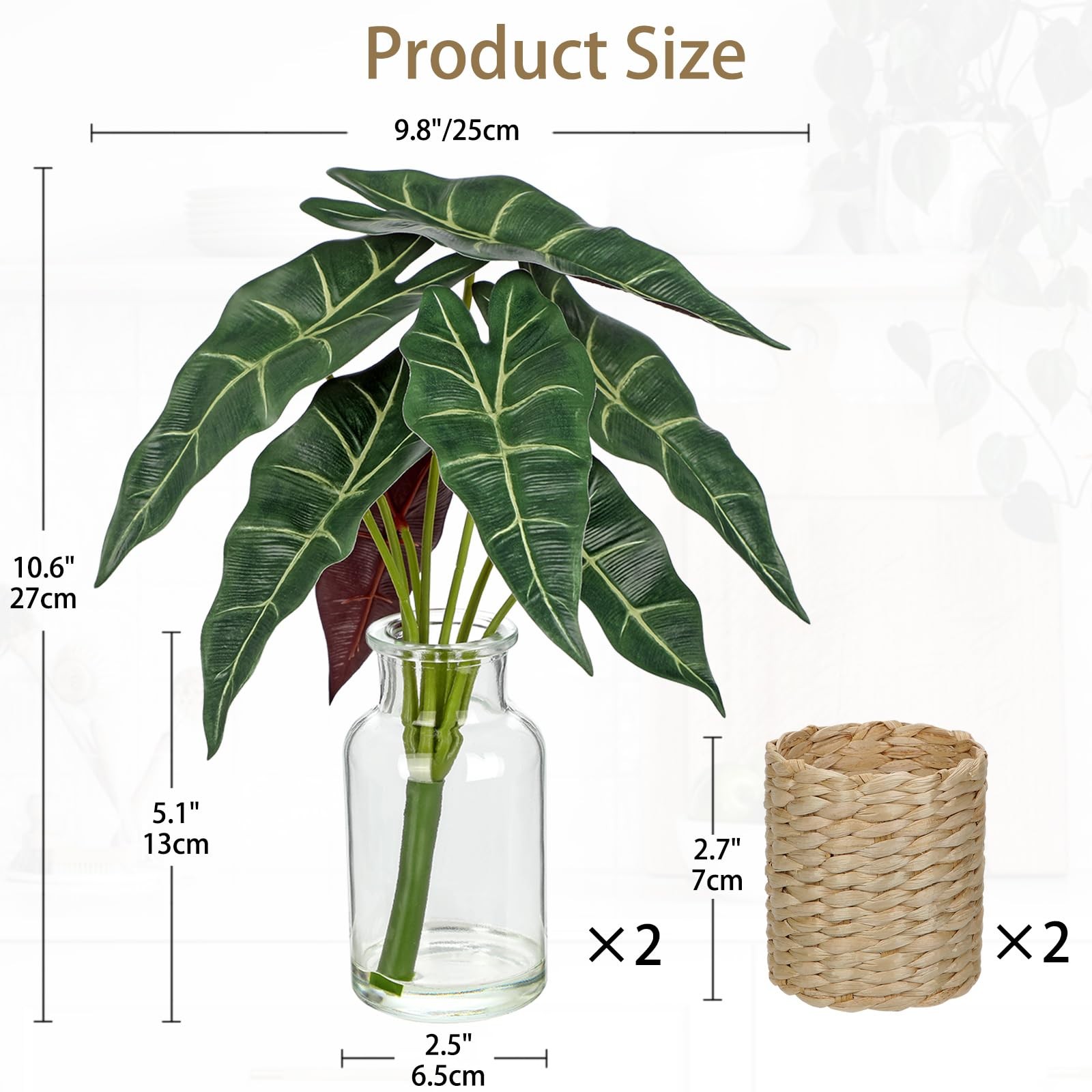 2 Packs Real Touch Faux Alocasia Plants in Vase with Woven Sleeve & Faux Wate…