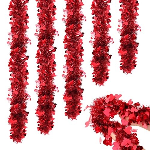 5Pcs 33Ft Valentine’s Day Tinsel Garland, Red Heart Metallic Tinsel Twist