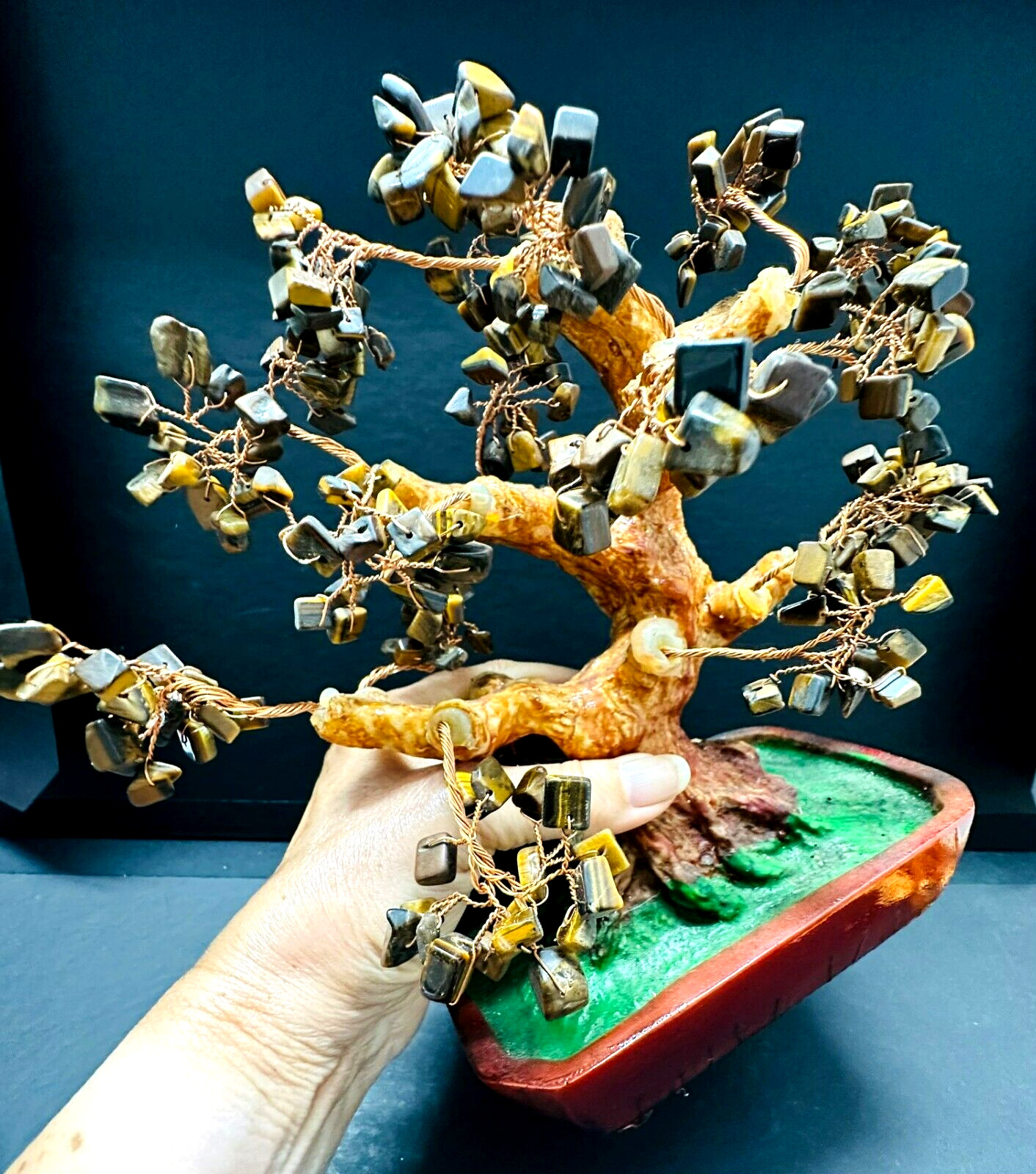💕Vintage Twisted Copper Wire Bonsai Tyger Eyes Gemstone Tree Ceramic Pot 10″