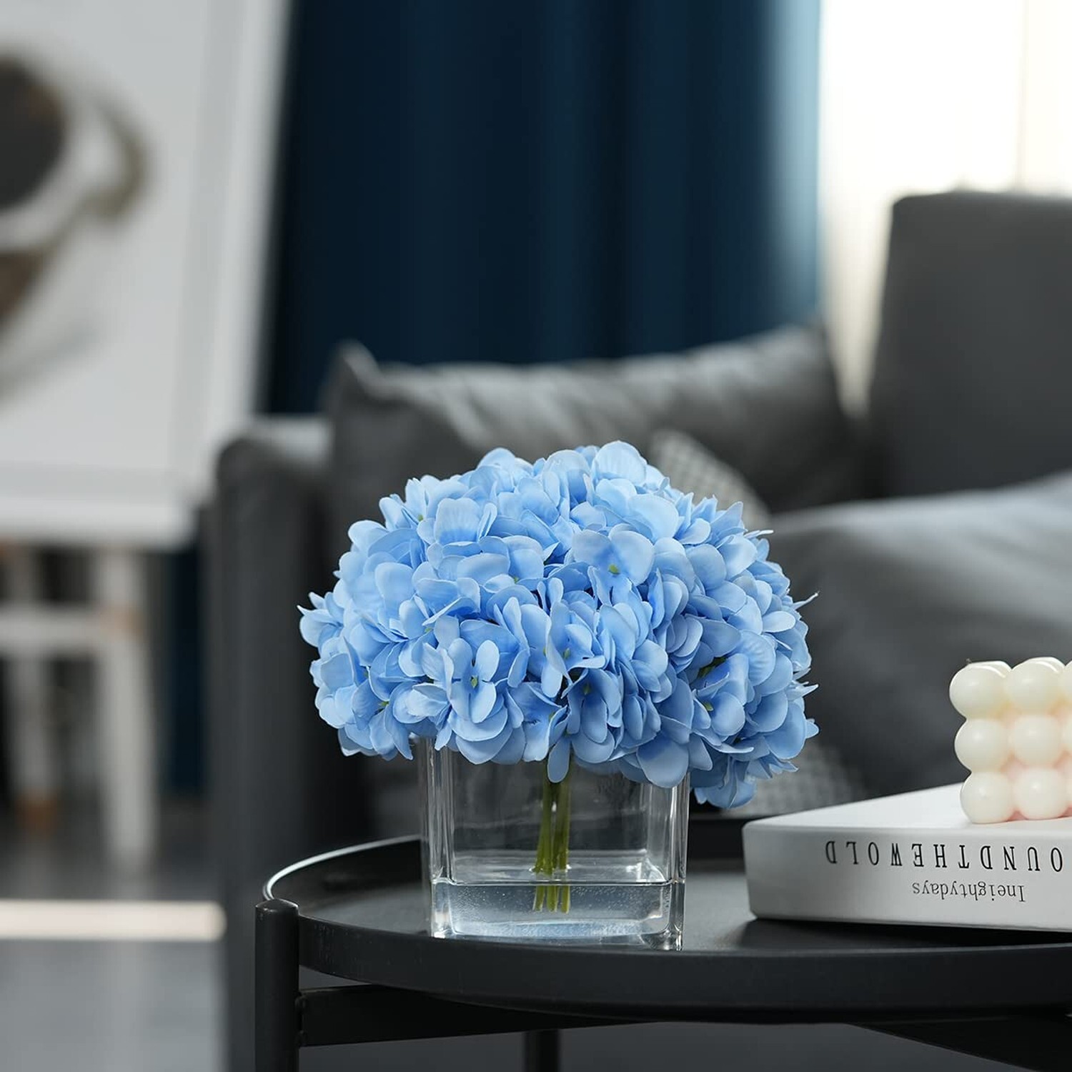 Silk Blue Artificial Hydrangea in Vase with Faux Water, Silk Flower Arrangeme…