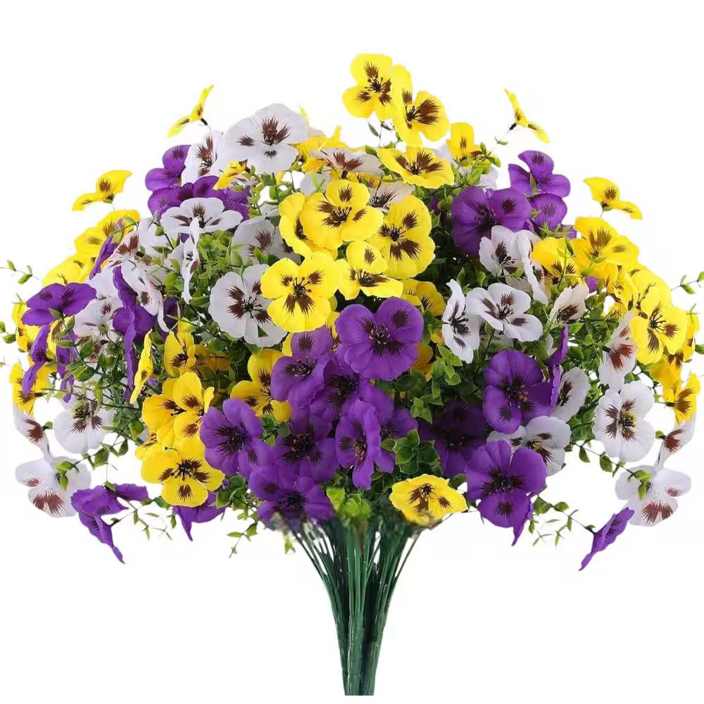 8 In. Purple Yellow White Indoor/Outdoor Artificial Pansy Flower-Uv Resistant Fa