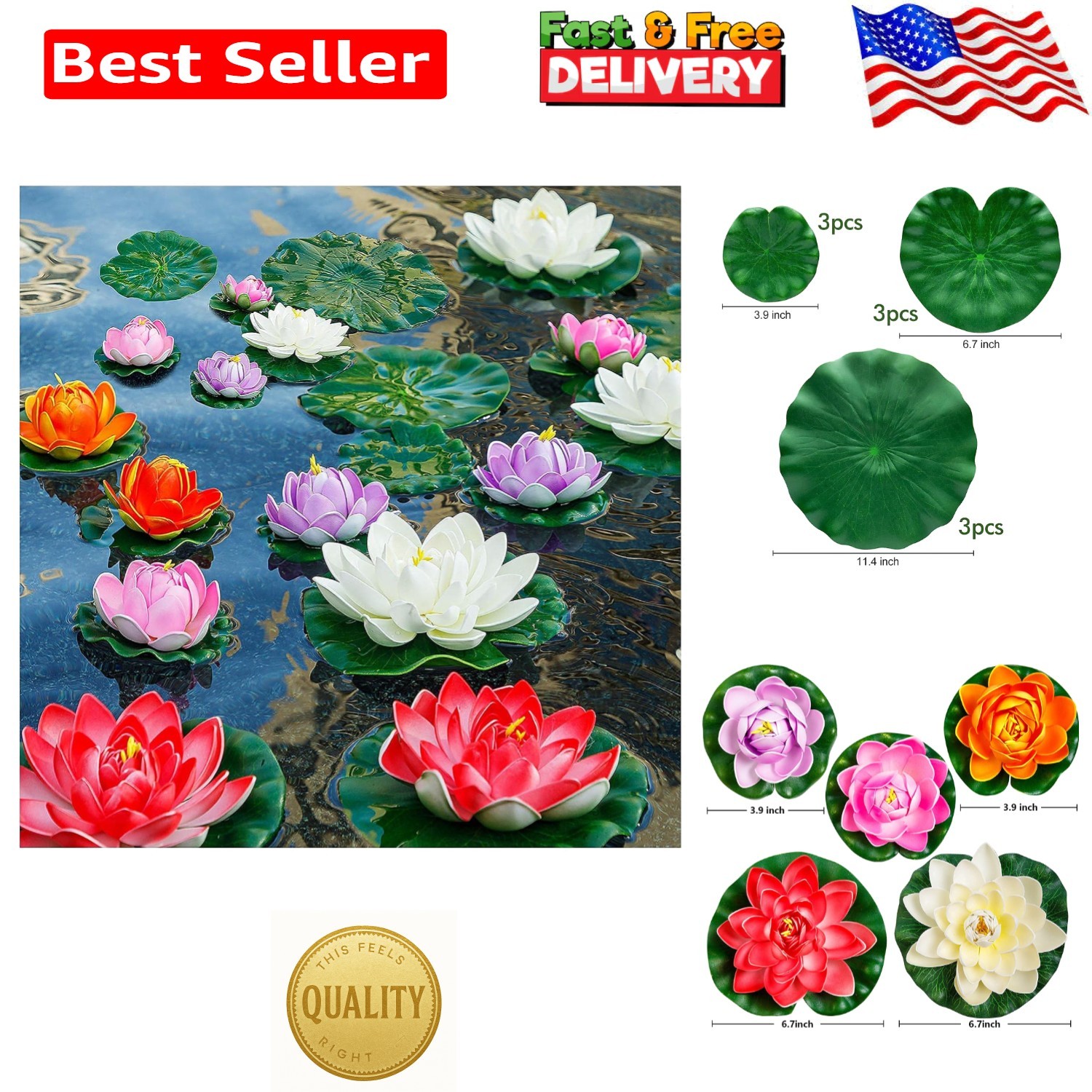 Artificial Lily Pads for Pond, 11in & 6in Artificial Flowers Floating Foam Lo…