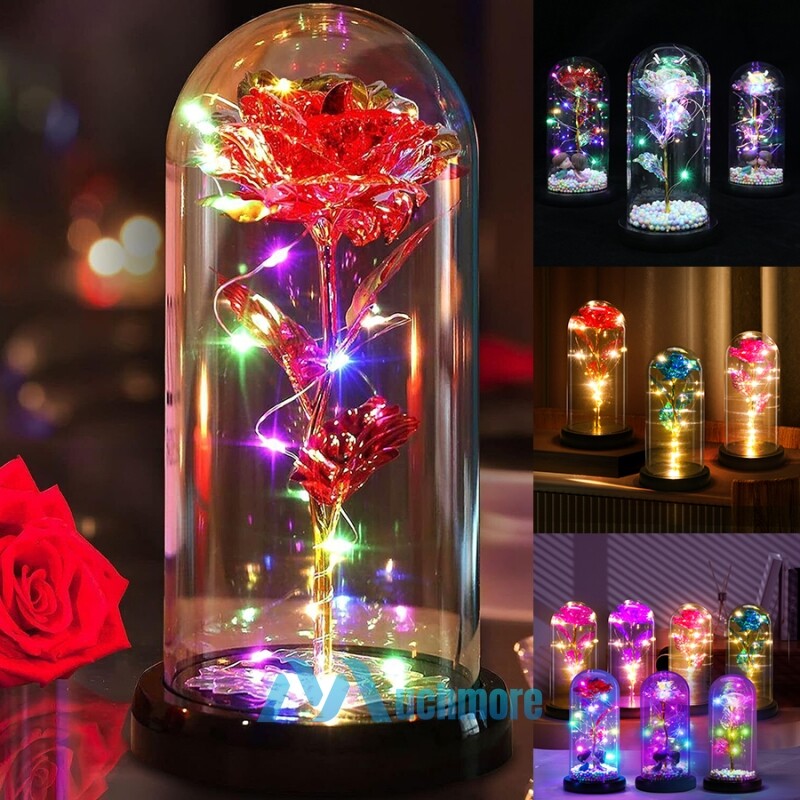 Enchanted Galaxy Rose Flower Preserved In Glass Dome LED Light Valentines Gift