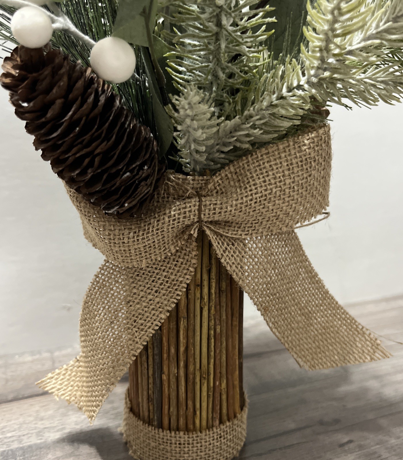 2 – 12” Rustic Greenery Arrangements Pine Cones Burlap Wood Base Country Cabin