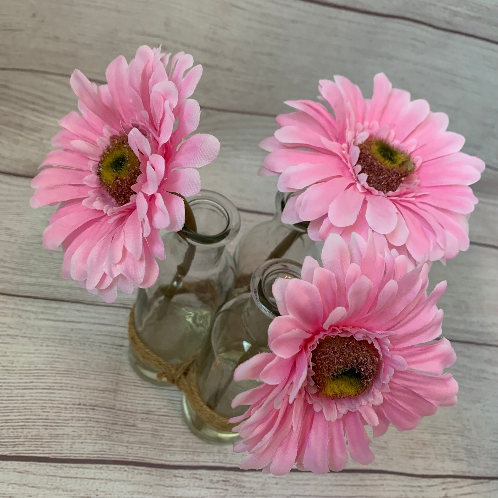 Artificial Pink Gerbera Daisies in Bottles and Twine String Faux Glued Water 9″H
