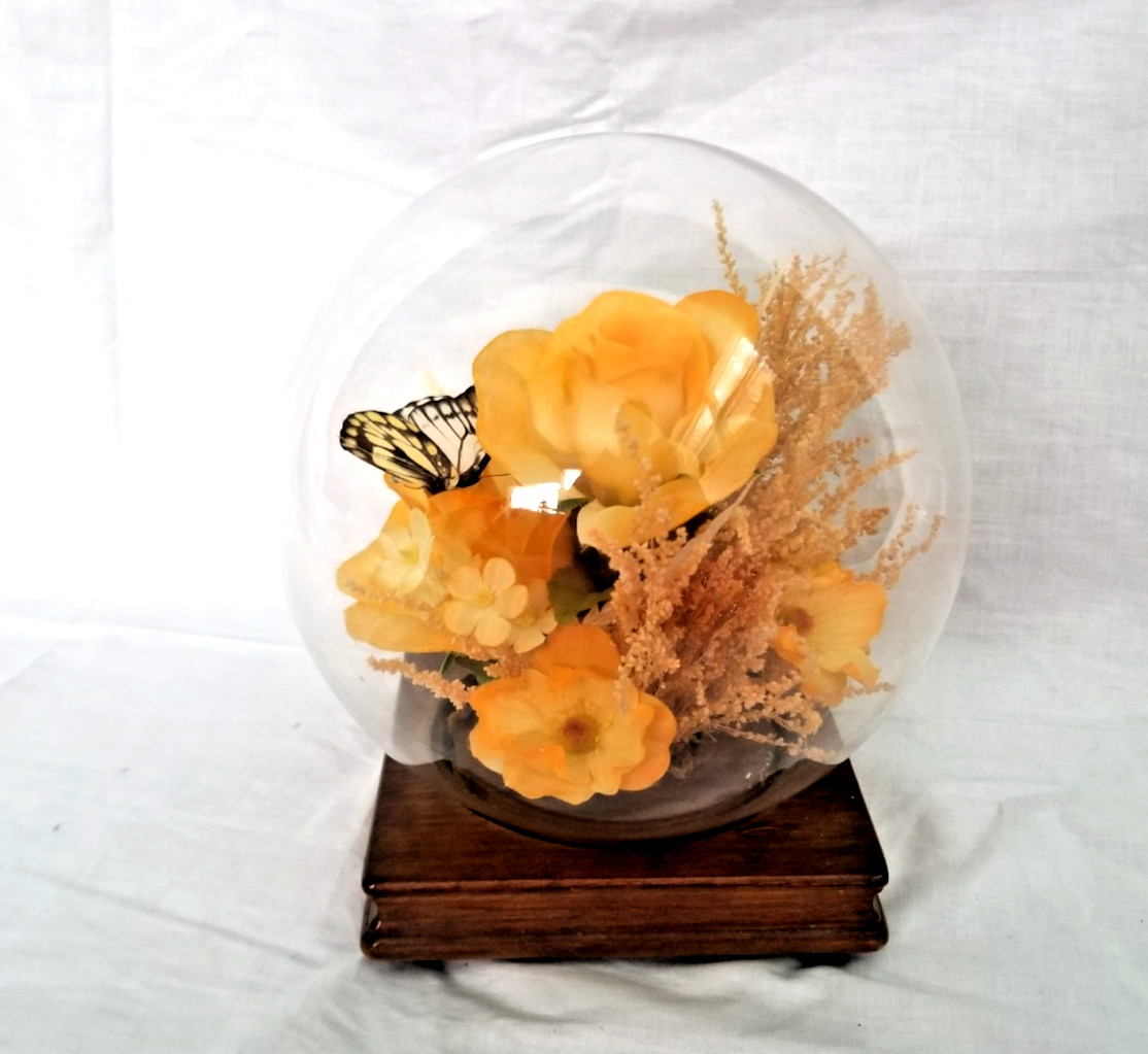 Butterfly & Yellow Rose Faux Flowers In Glass Dome Curio Display Globe 9″