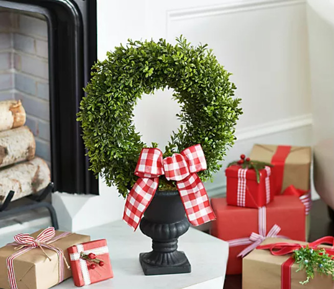 21″ Boxwood Wreath in Urn with Ribbon by Valerie H231923