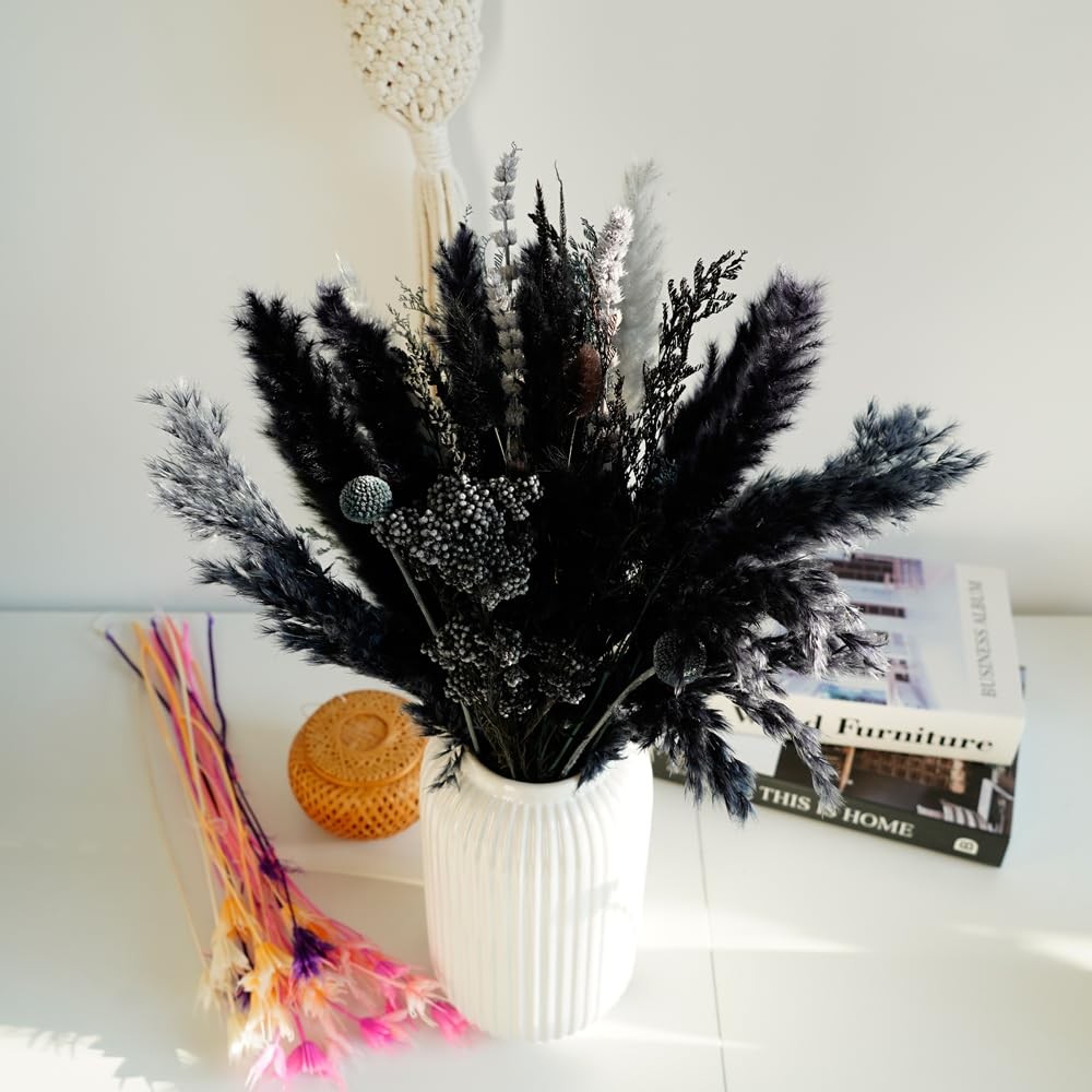 Dried Pampas Grass Bouquet 17″ Black Grey Bohemian Wedding Home Decor DIY