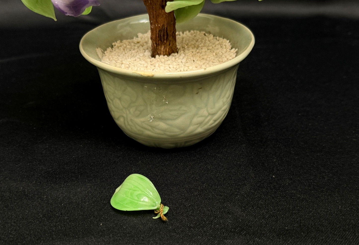 Vintage Jade & Glass Handmade Bonsai Tree Purple & White Flowers 11”