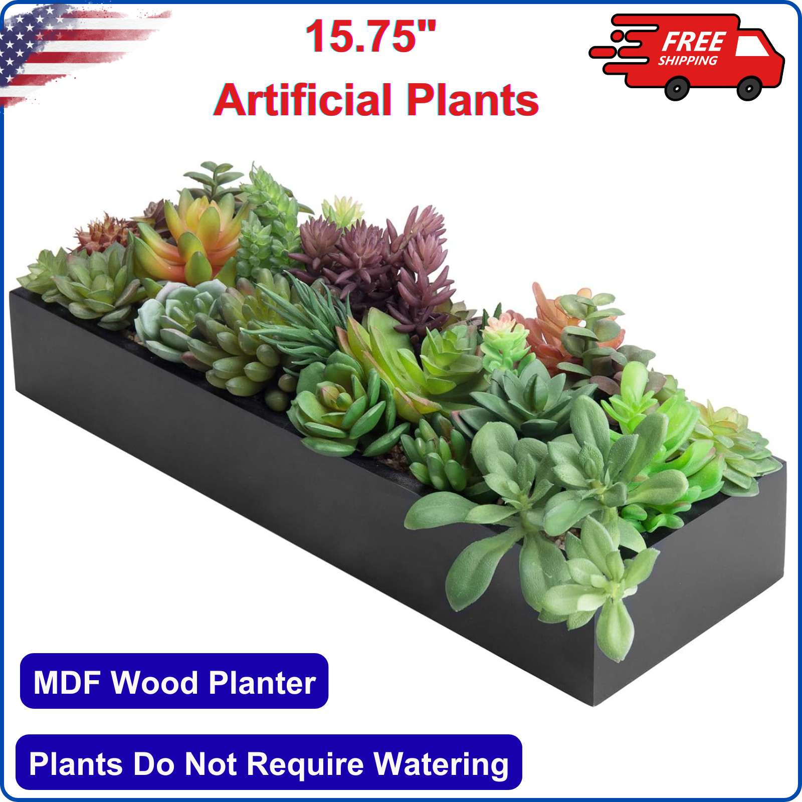 15.75 Inch Faux Artificial Succulent Plants in Rectangular Black Wood Plant Box