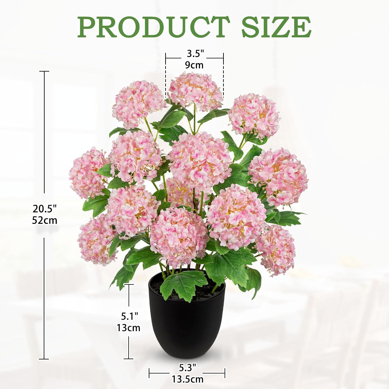 Realistic Pink Faux Hydrangea Plant in Pot – 13 Blooming Heads for Home Decor