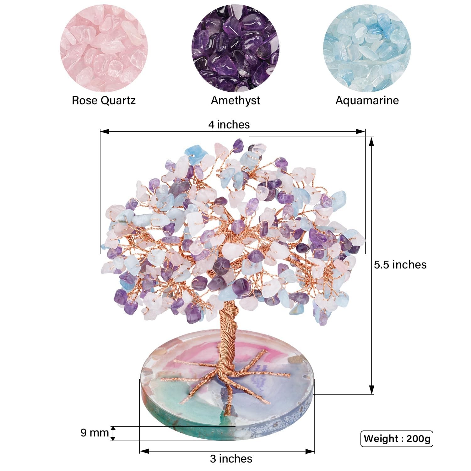 7 Chakra Healing Crystals Stones Tree, Amethyst, Pink Crystal, Aquamarine Lea…