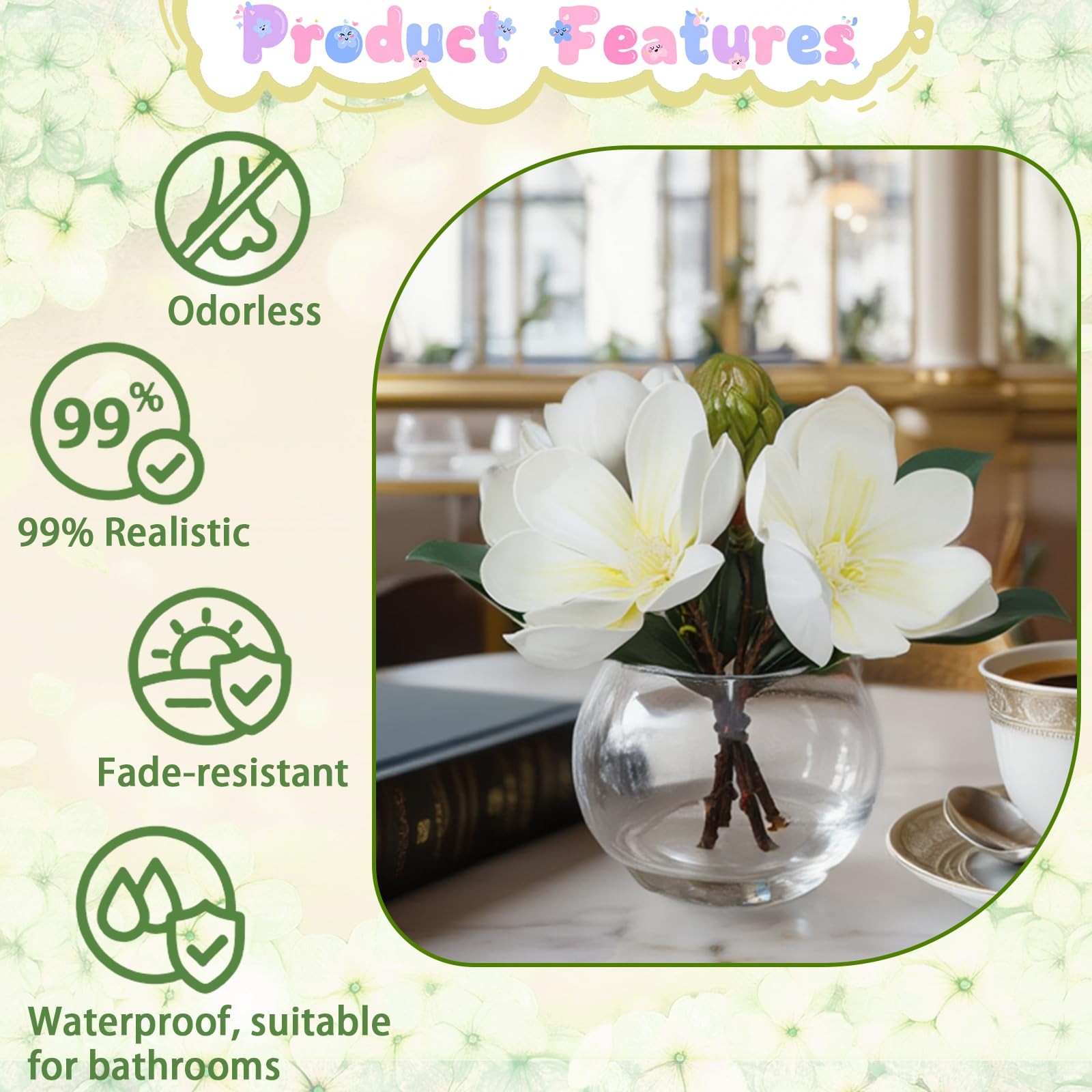 White Magnolia Artificial Flowers with Vase Fake Magnolia Flowers Indoor Real…