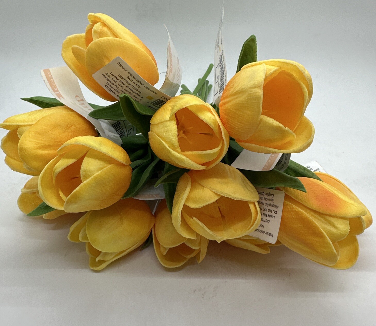 12 Artificial Tulips Flower “Real Touch” Stems w/ Flower & 2 Leaves in Yellow