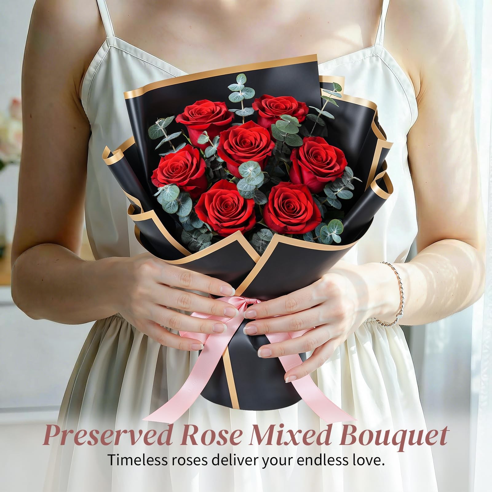 Flower for Delivery, Preserved Flowers Bouquet, Red Roses Bouquet, Real Long-…