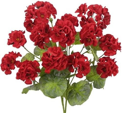 2 Pcs Artificial Geraniums for Outdoors 23” Faux Flowers Red Silk Geraniums UV