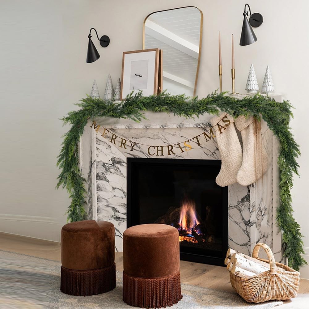 Christmas Cedar Garland,1Pcs 6ft Real Touch Cedar Pine Garland for Mantle Fir…