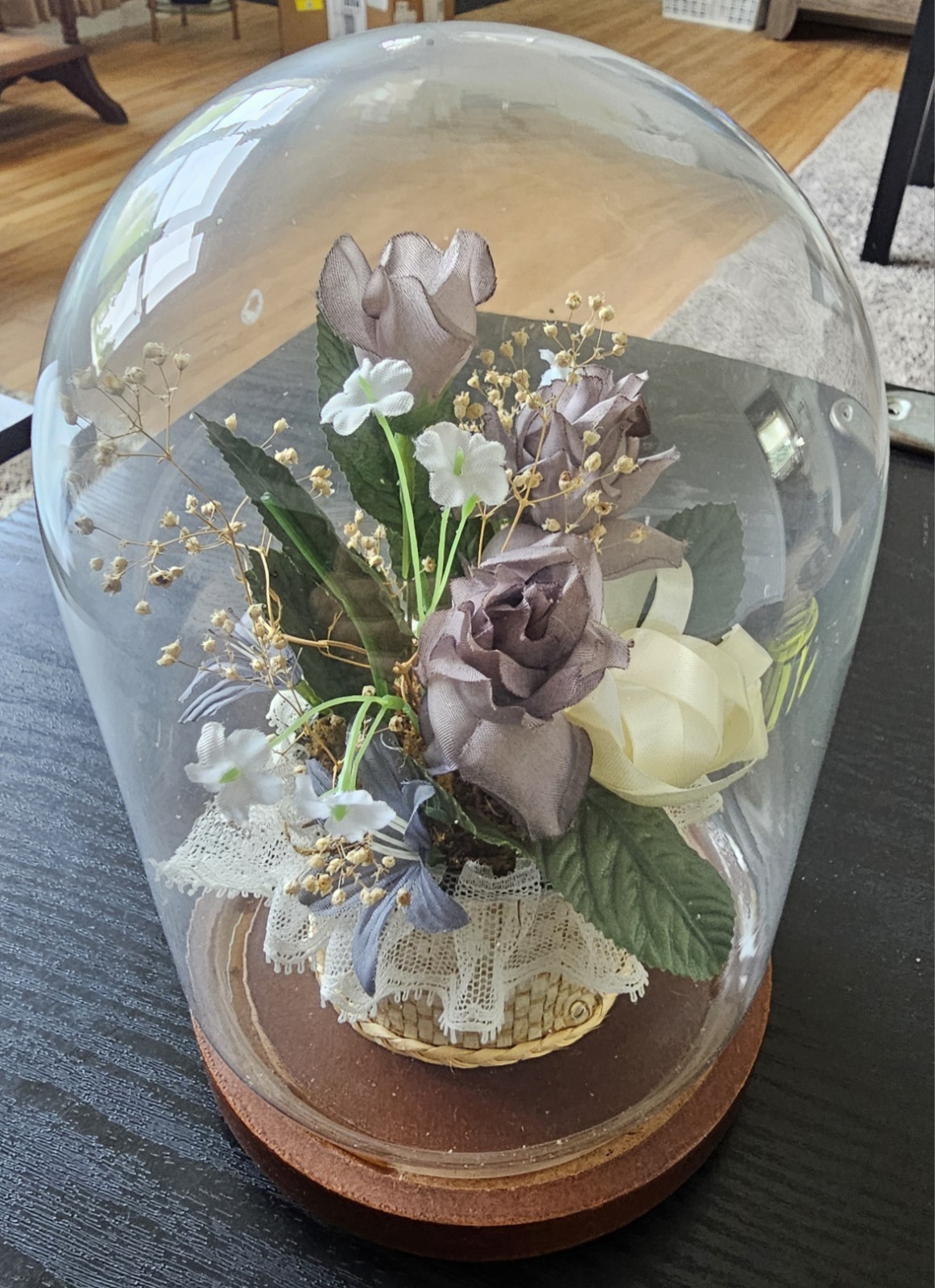 Vintage Glass Dome Floral Display Bell Jar Wood Base Cottagecore Decor 1970s