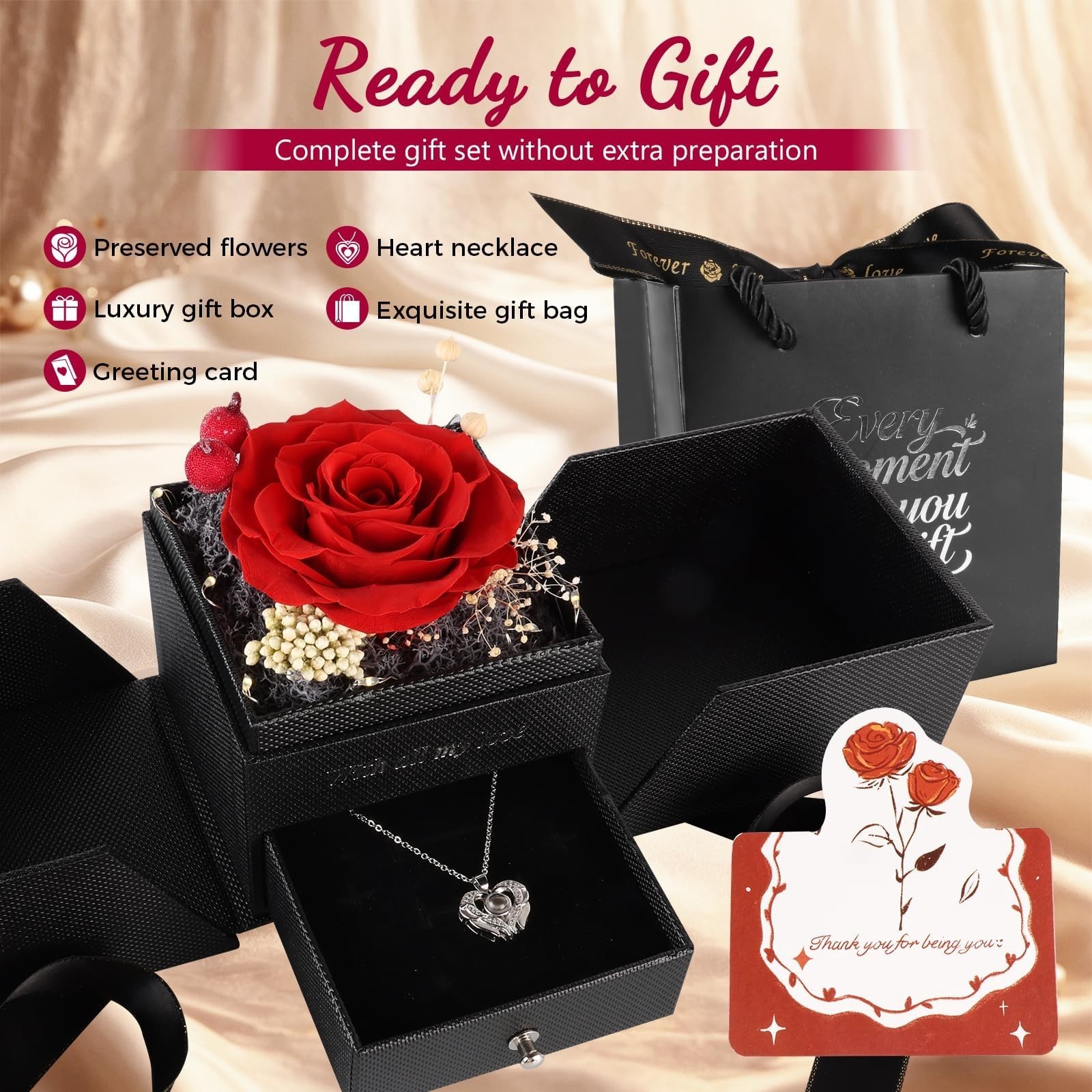 Romantic Gift Box with Preserved Red Rose & Heart Necklace – ‘I Love You’ in 100
