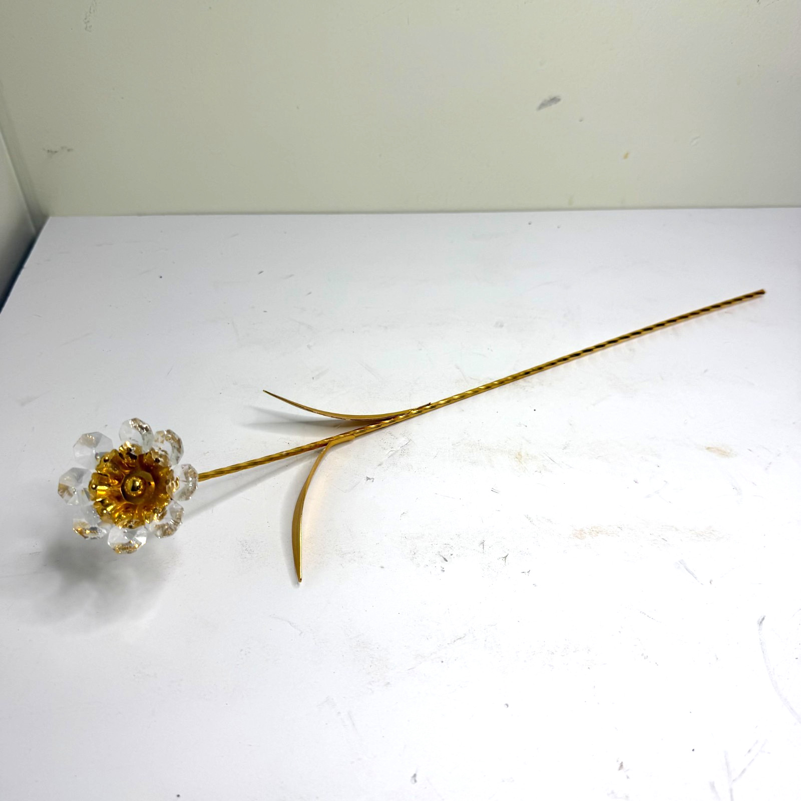 Vintage Crystal Beaded Flower Stem Gold Tone Metal Floral Decor Accent Piece