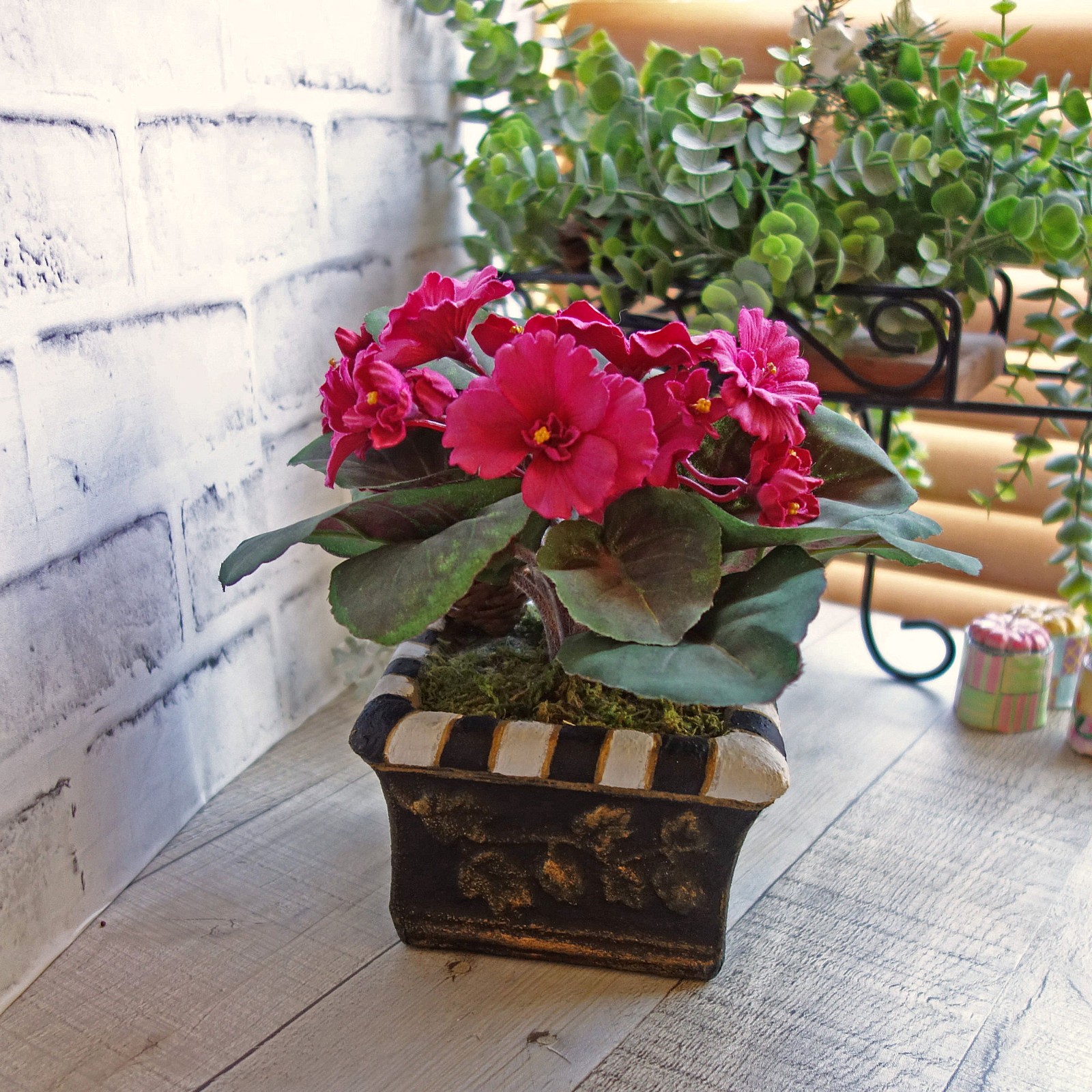 Black White Checked Flower Pot Floral Arrangement Checked Urn Checked Planter