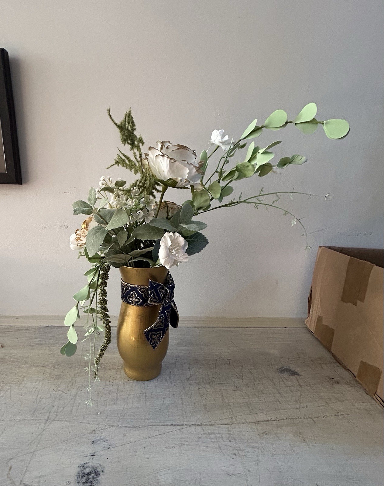 Gold Metallic Vase And White And Sage Green Floral With Navy And Gold Glitter
