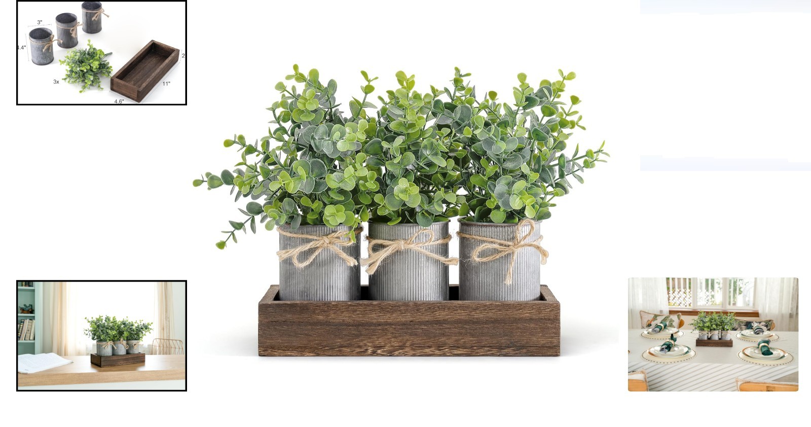 Elegant Faux Eucalyptus Table Centerpieces in Brown Wooden Tray – No Maintenance