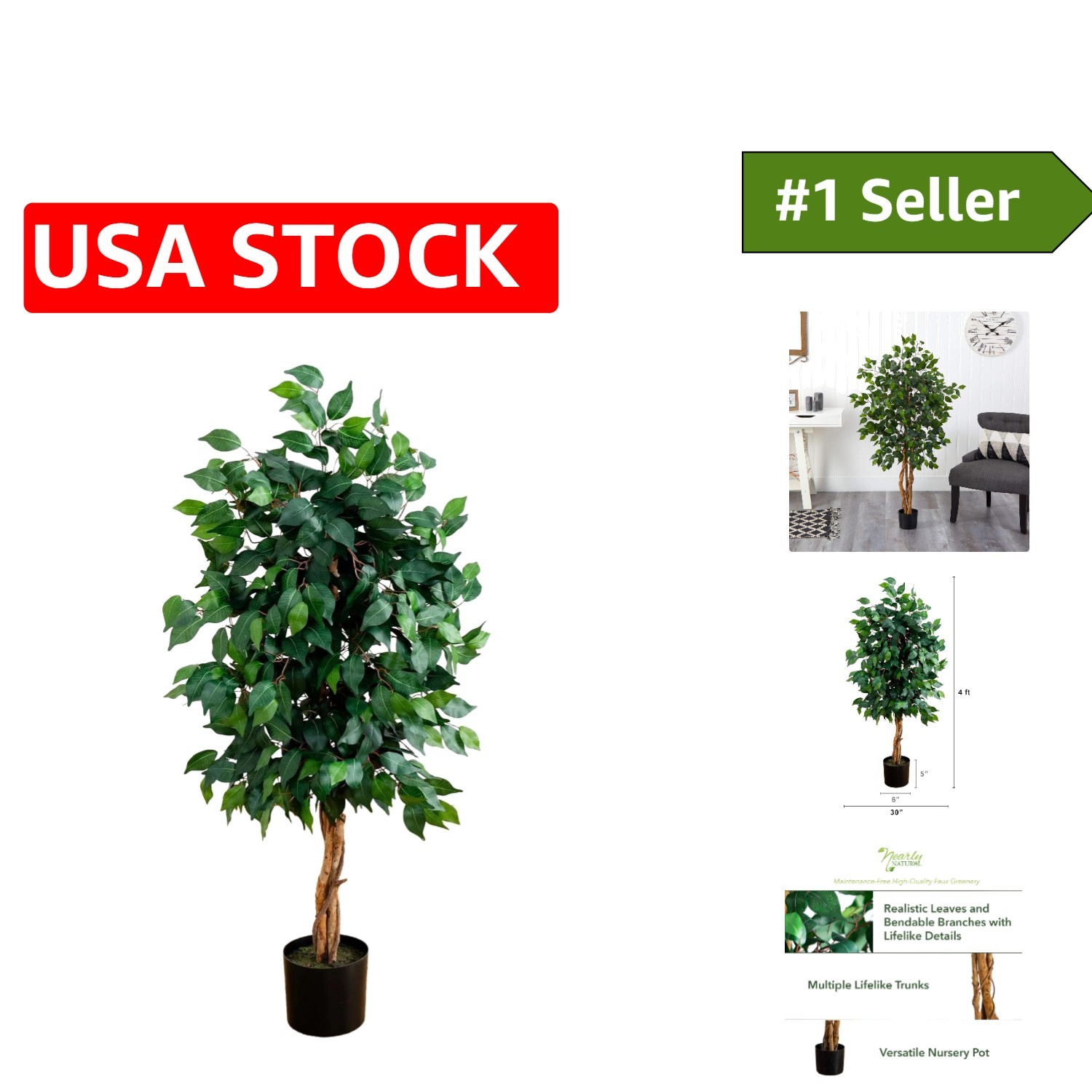 Lifelike 4ft Ficus Silk Tree with Natural Wood Trunks – No Maintenance Needed
