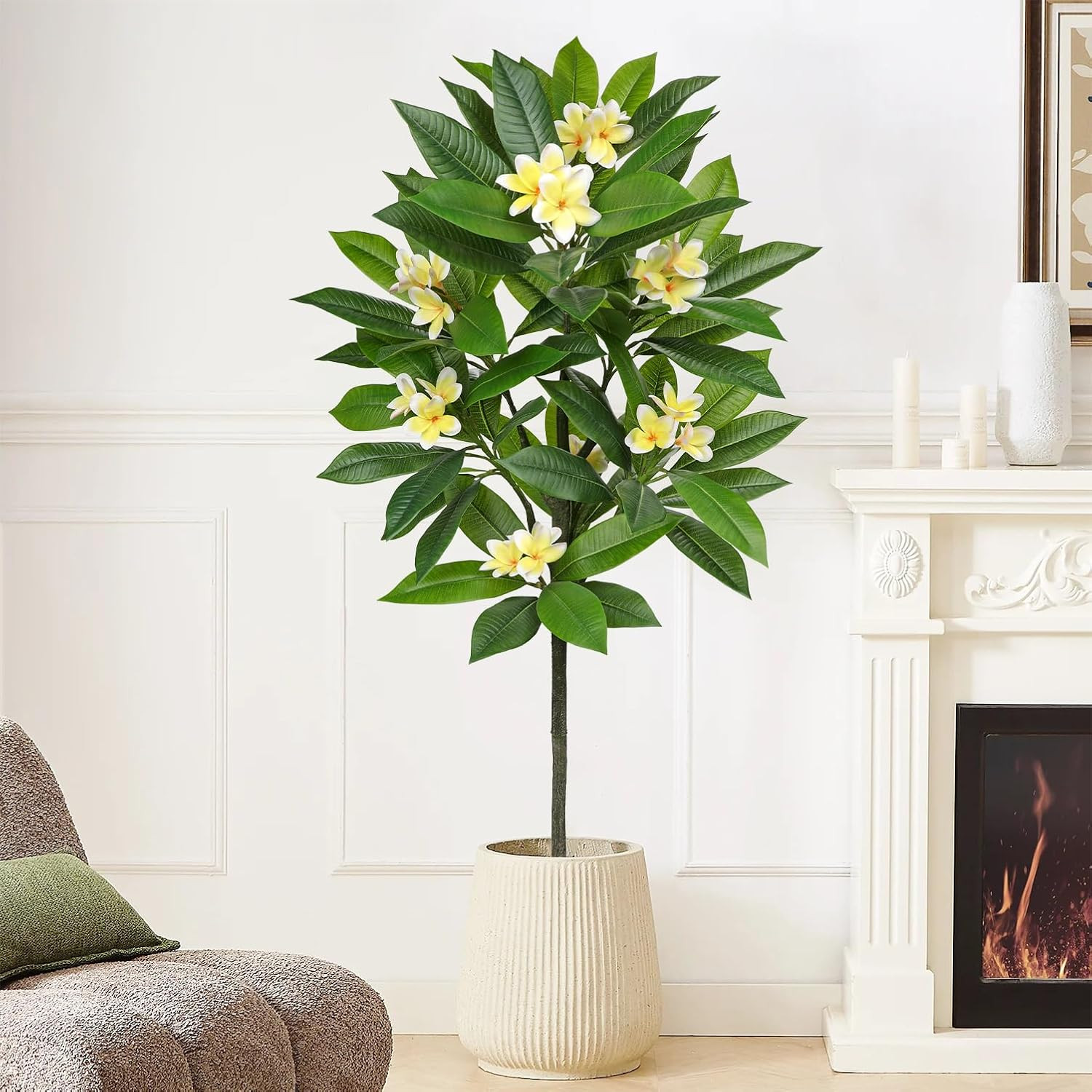 Artificial Plants Indoor 5.09Ft Fake Tropical Plumeria Flowers Tree in Black Pot