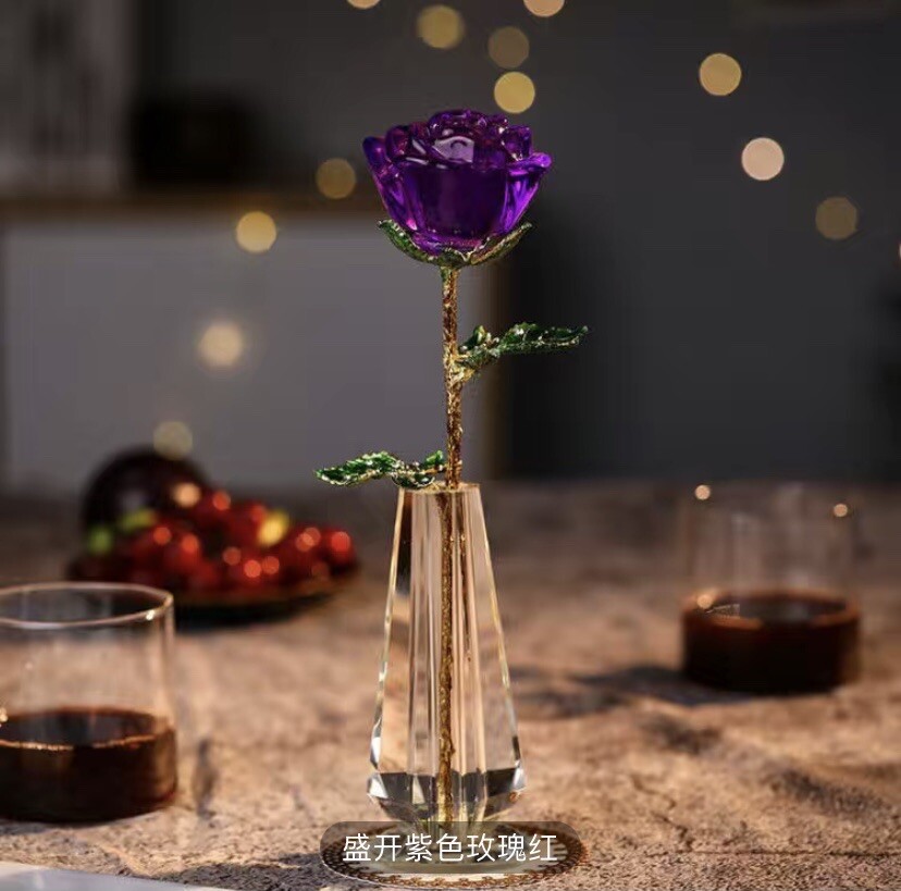 CrystalGlass Purple💜Rose Flower Gold Plated Long Stem Valentine’s Day💜Gift Box