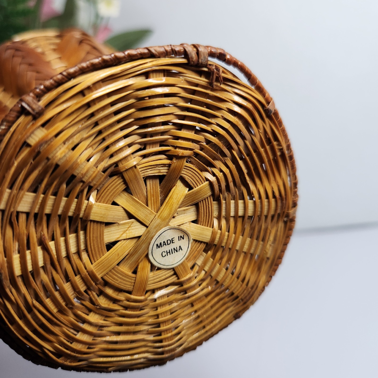 Vintage Woven Rattan Bamboo Vase w Faux Floral Arrangement Boho Cottage Decor