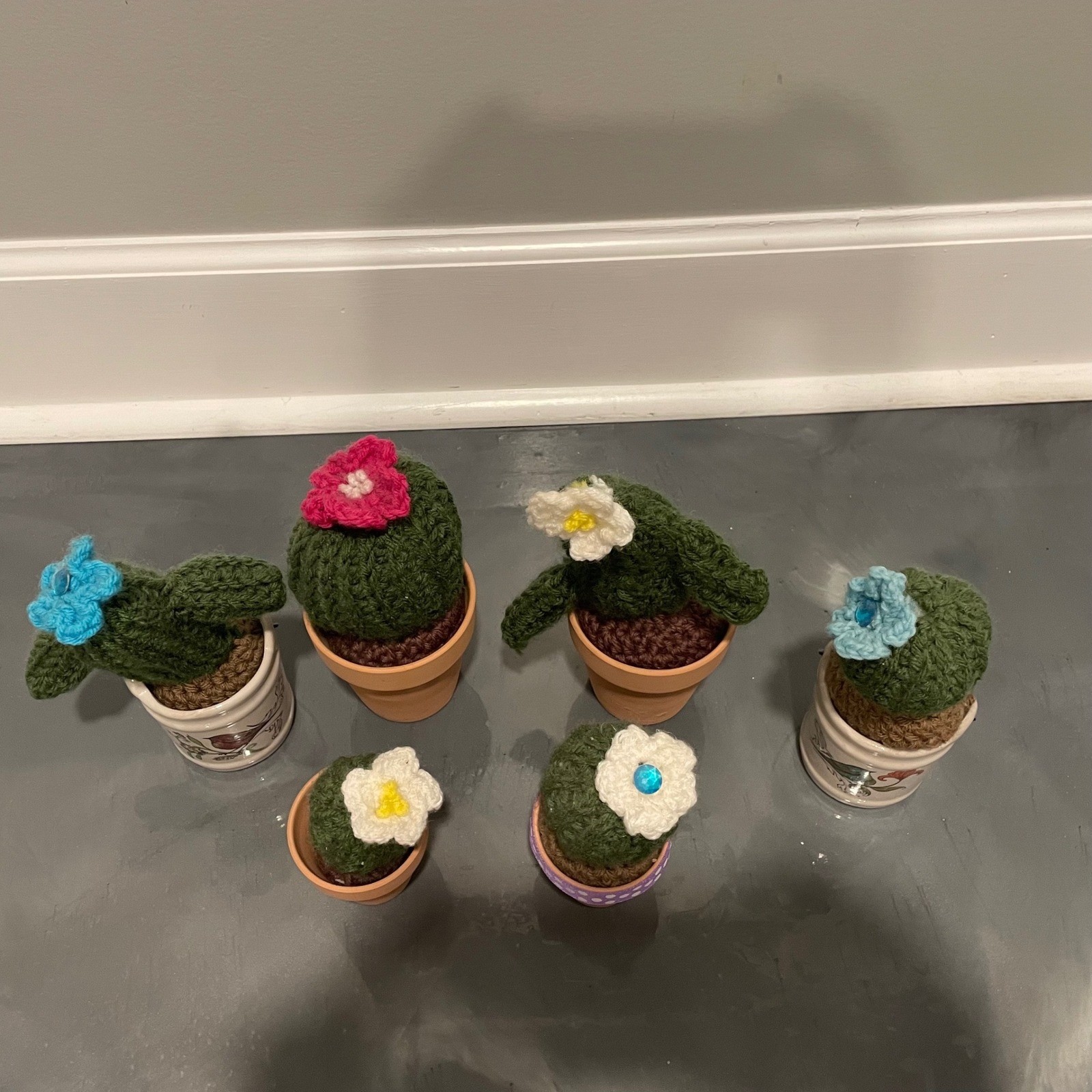 Handmade Crochet Cactus Succulent Set of 6 Potted Yarn Plants Decor Multi Color