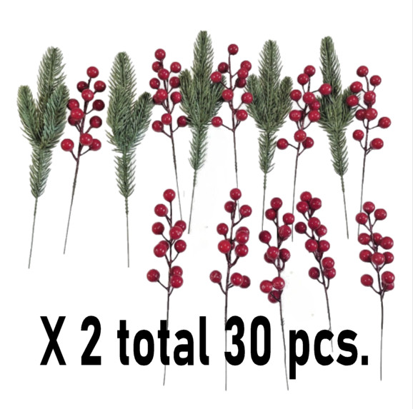 Package of 30 pcs. Artificial Red Berry 9″ Stems and 10.5″ Canadian Pine Picks