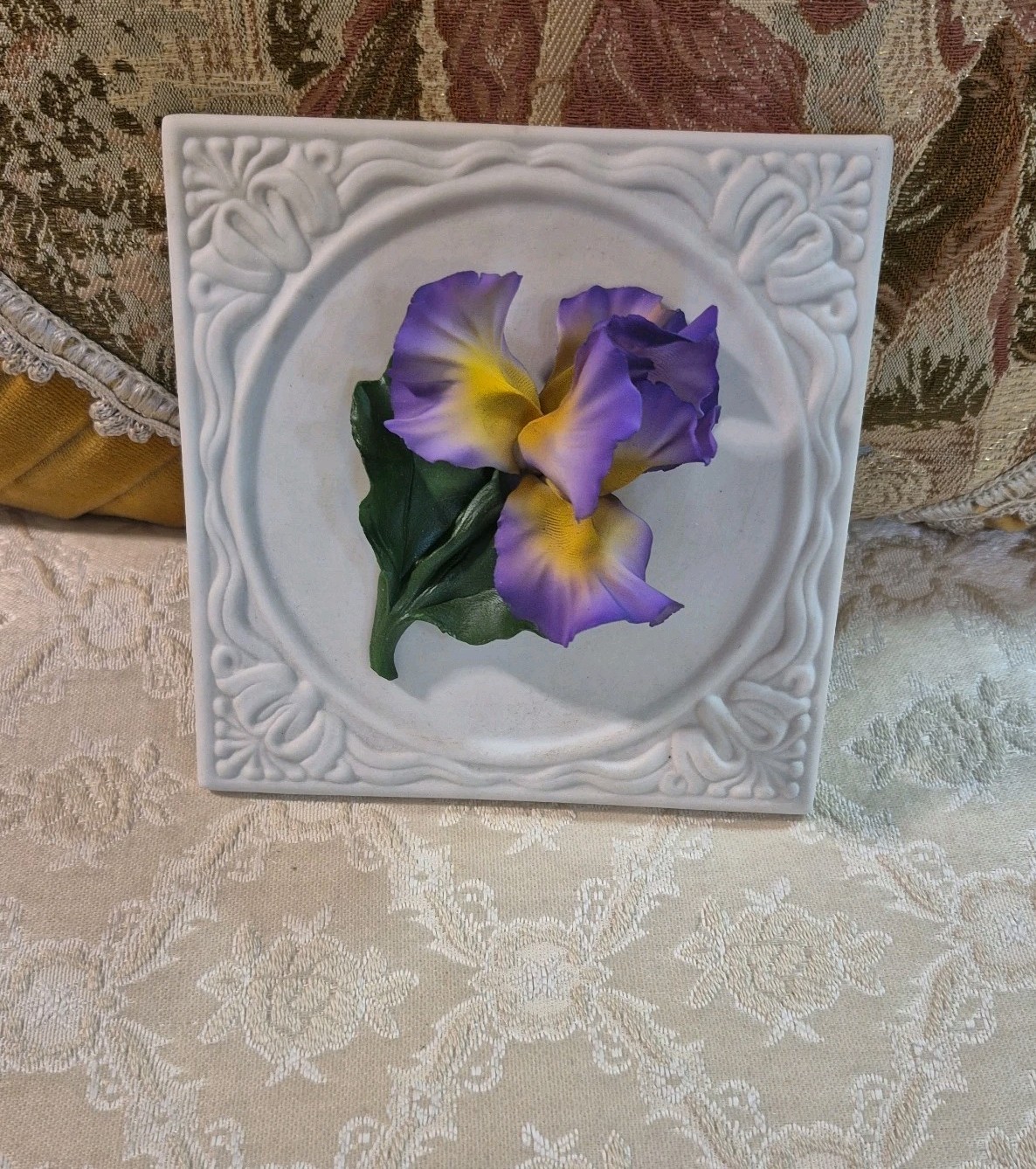 Vintage Blue Yellow Iris Fabar Capodimonte Porcelain Italy Flower Sculpture