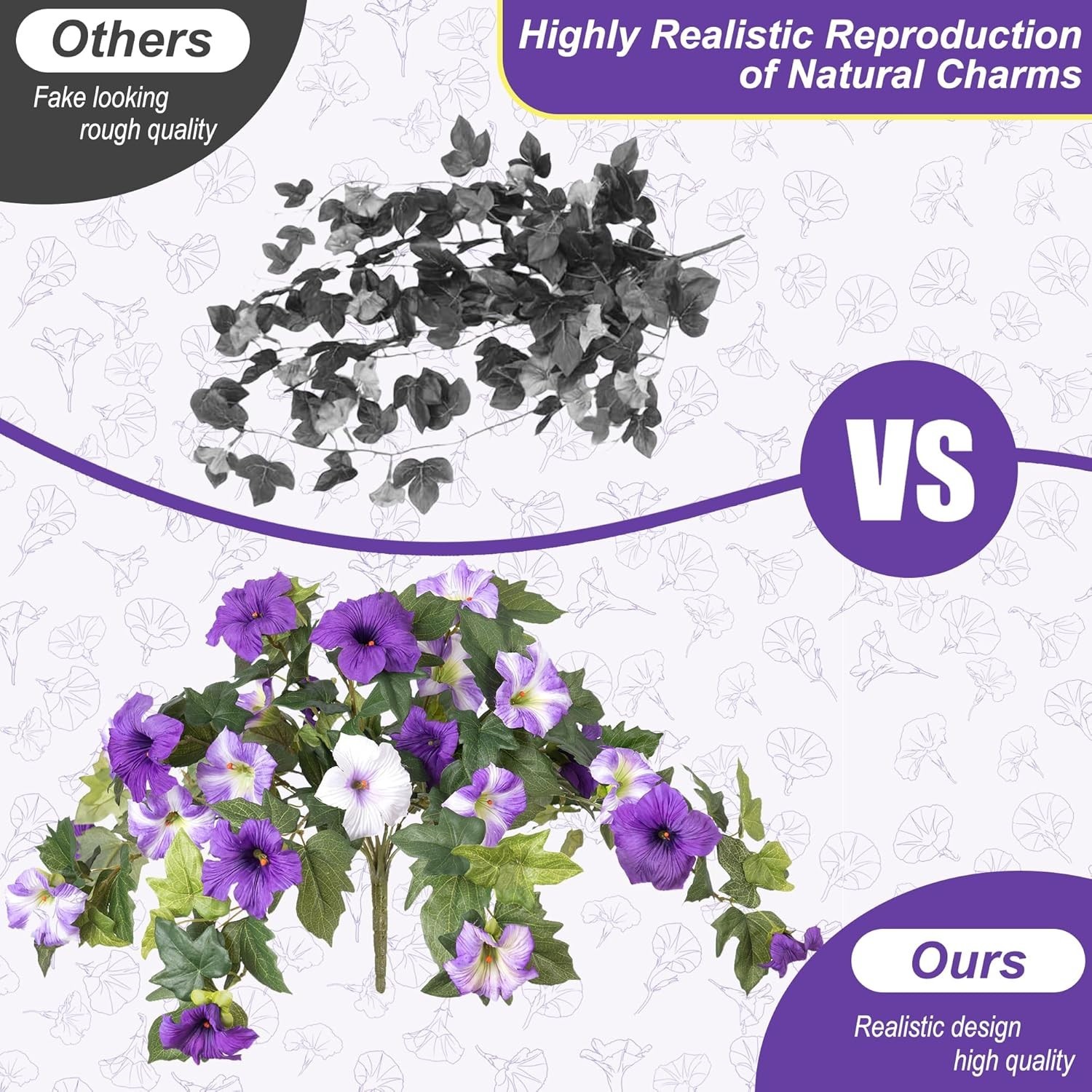 Lifelike Artificial Morning Glory Flowers with Coconut Fiber Basket – 3 Pcs Set