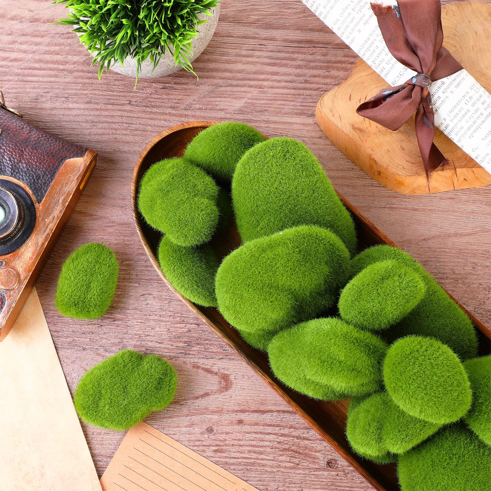 18 Pcs 6 Sizes Artificial Moss Rocks with Oval Wood Tray 13.8” x 4.7” x 1.2…