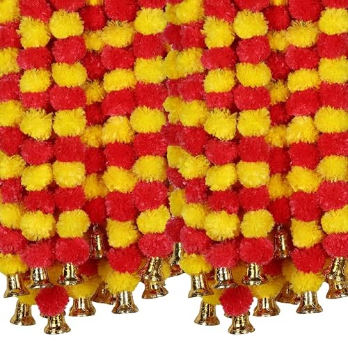 Marubhumi 5-PC Artificial Marigold Flower Garland – 4.5 Feet Long Yellow/Red