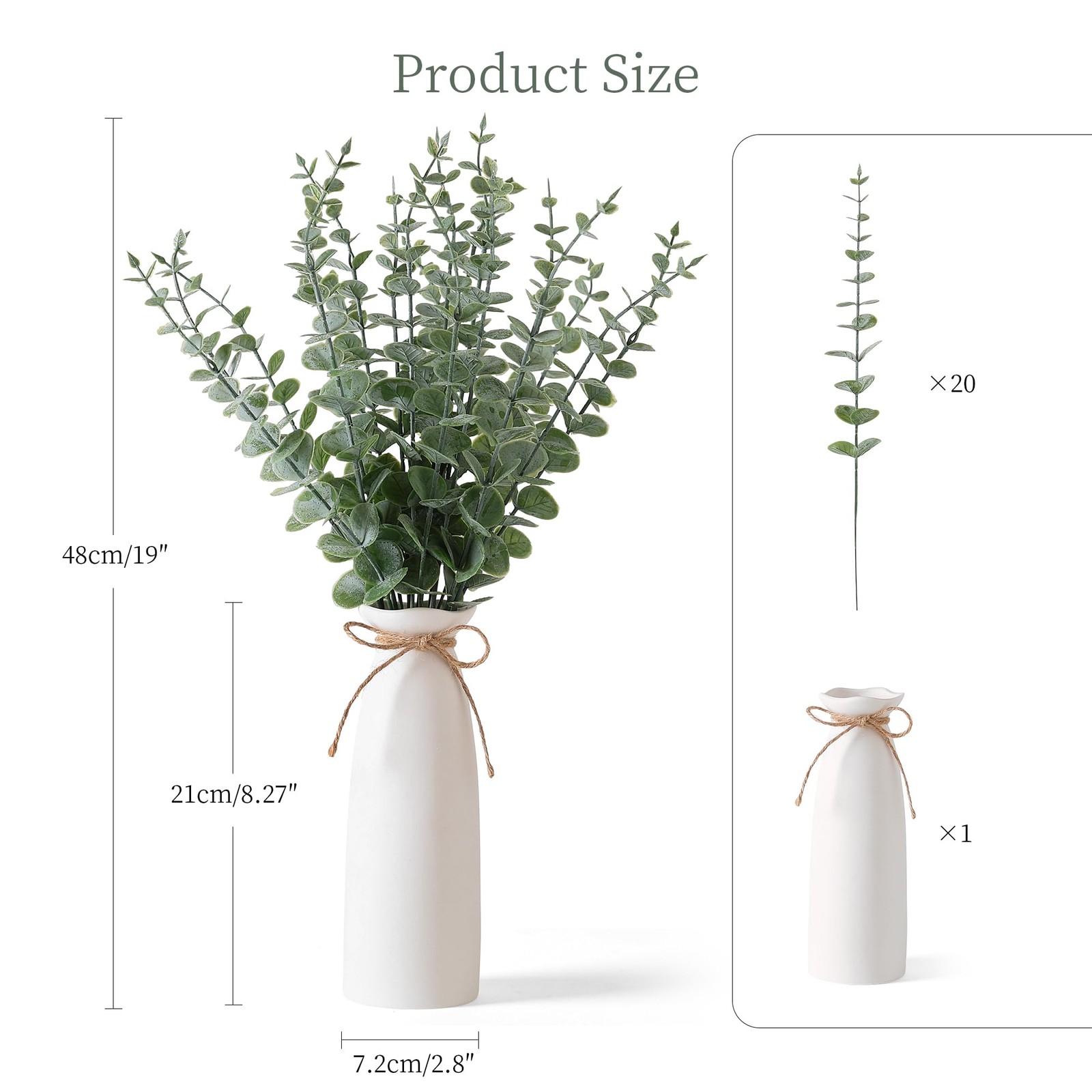 Vase with Greenery, 20pcs Artificial EucalyptusStems in White Vase, Boho Home…