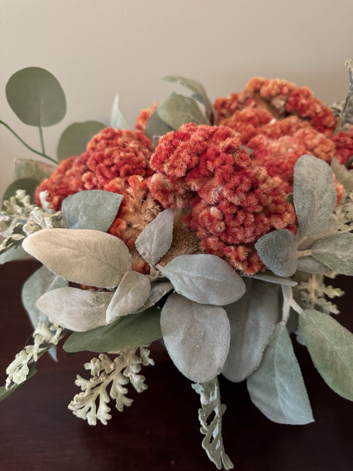 Orange Dried Floral Centerpiece Decor & Faux Green Leaves Metal Base Wooden Box