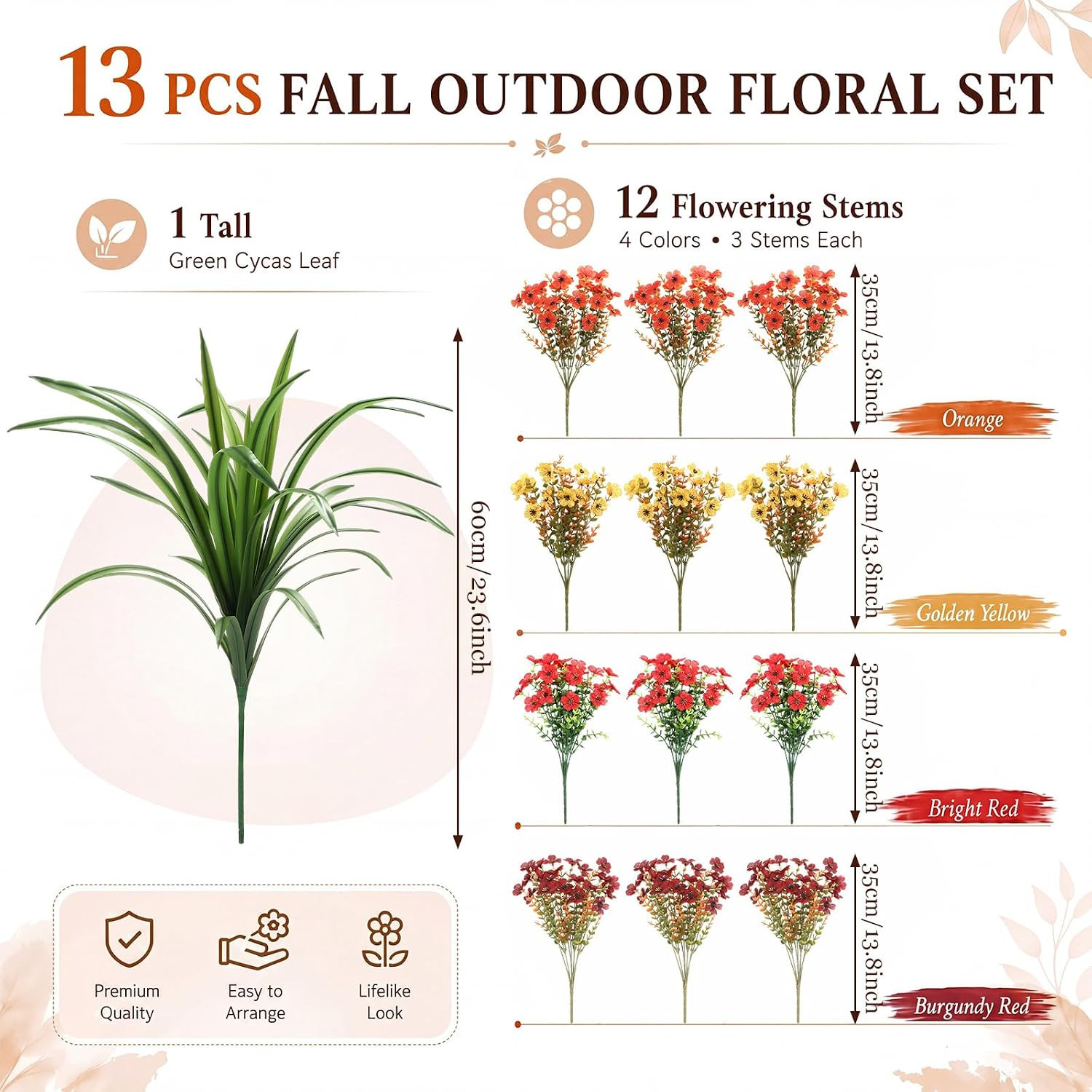 Colorful UV Resistant Faux Daisy & Orchid Leaf Bundles for Autumn Decor
