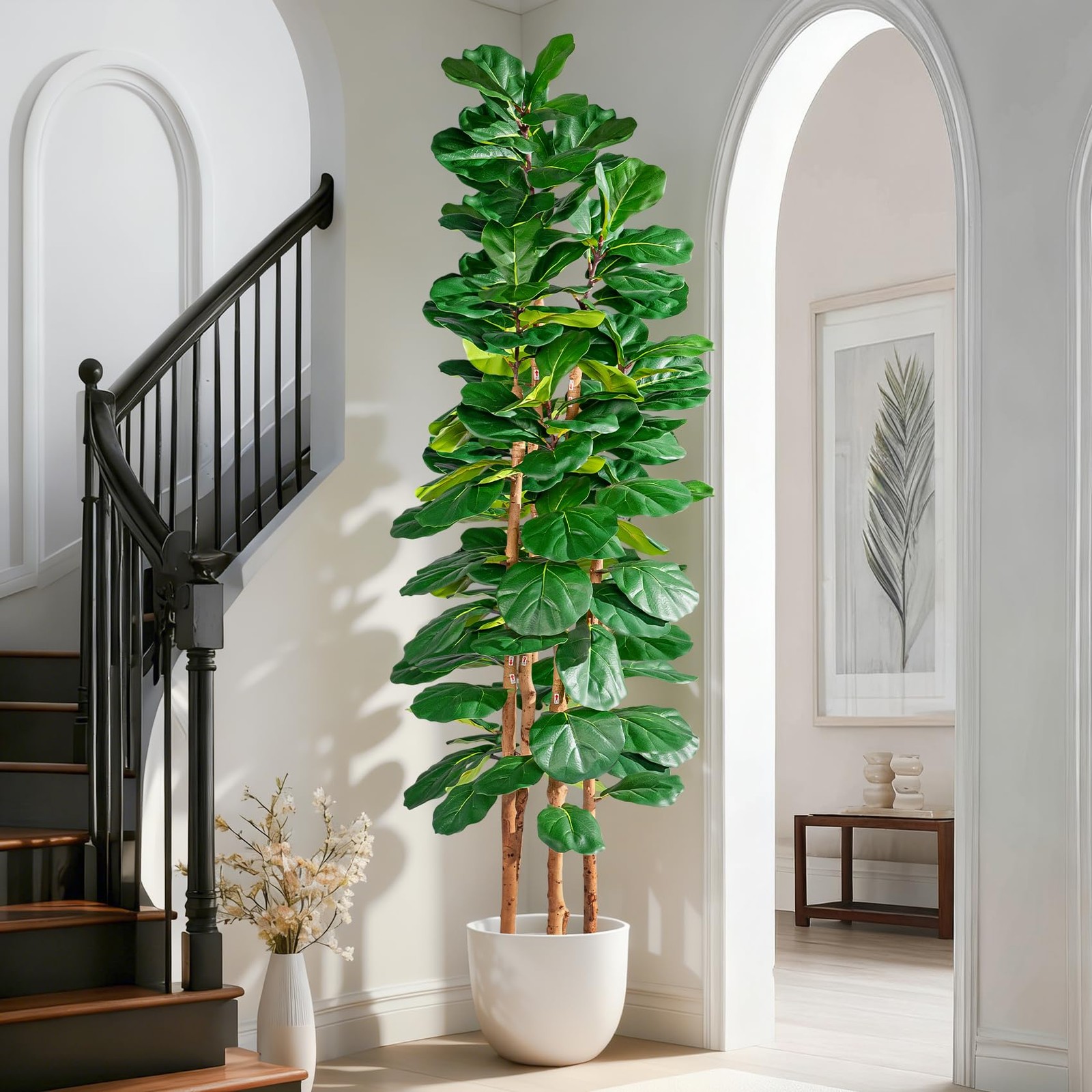 Artificial Fiddle Leaf Fig Tree 7FT, Faux Fig Tree Indoor with Natural Wood T…