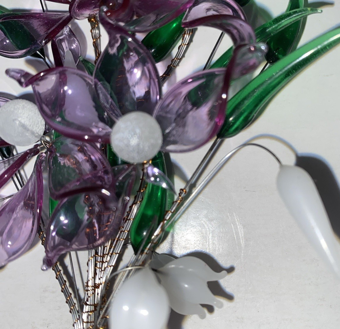 Acrylic Purple and White Floral Arrangement in Clear Stand