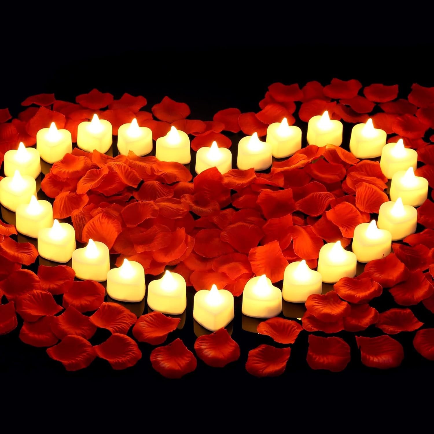 Elegant 2000 Rose Petals with 24 Heart LED Candles for Weddings & Anniversaries